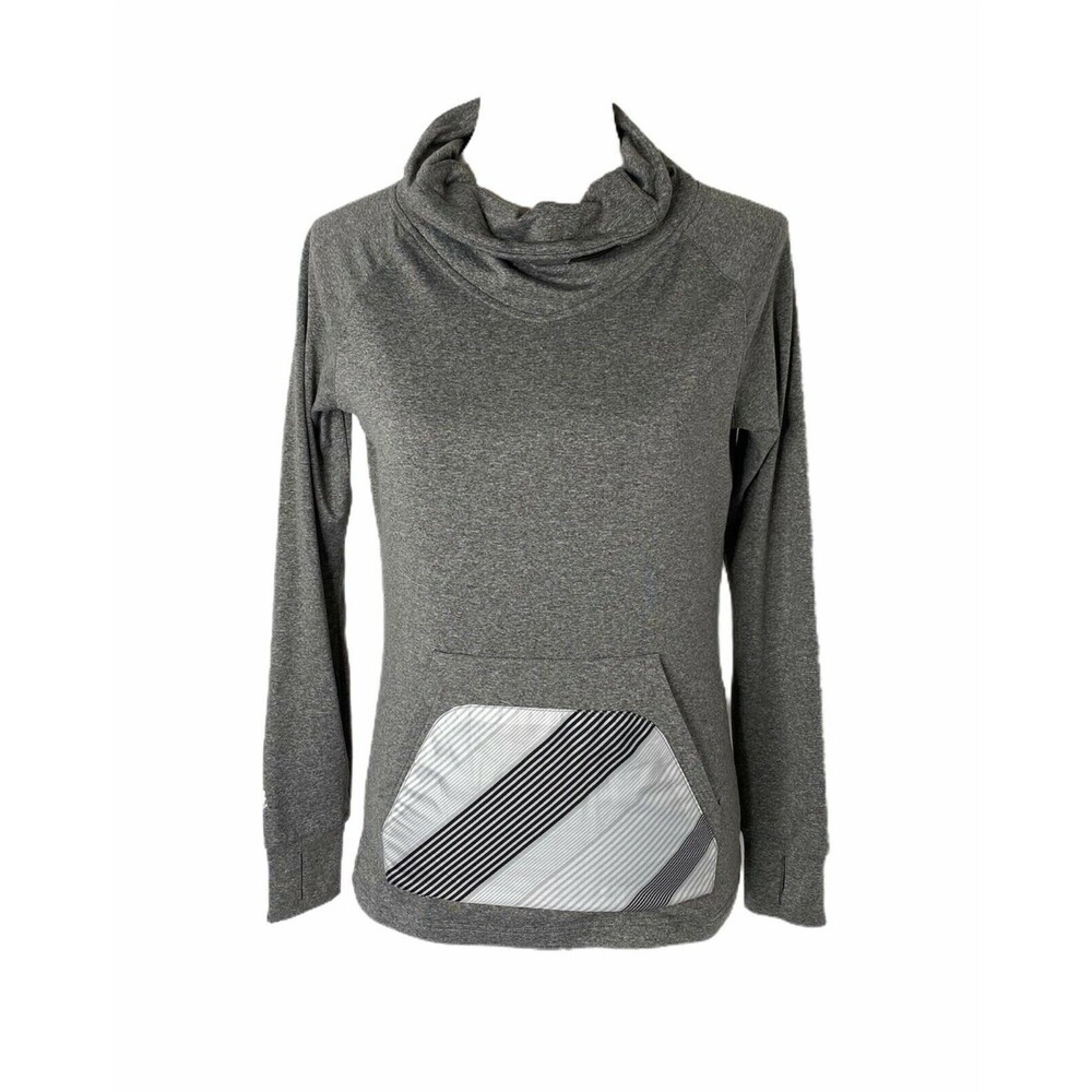 Zoot Women's Sweatshirt Grey Striped Cowl Neck Front Pocket Athletic Size XS